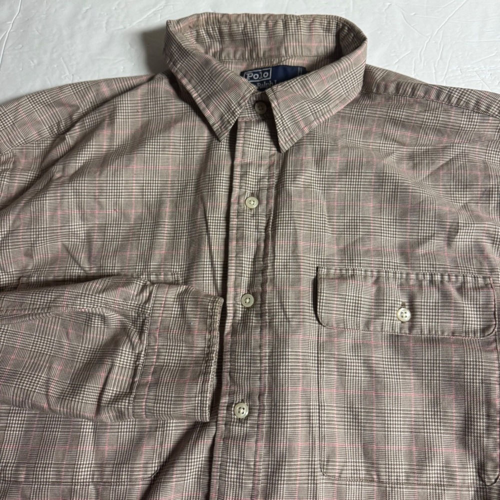 Polo Ralph Lauren Whitfield Mens Large Brown Pink Glen Plaid Cotton Button Shirt